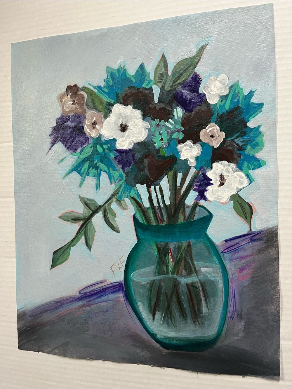 Teal Glass Vase Floral Painting - Blue & White Bouquet